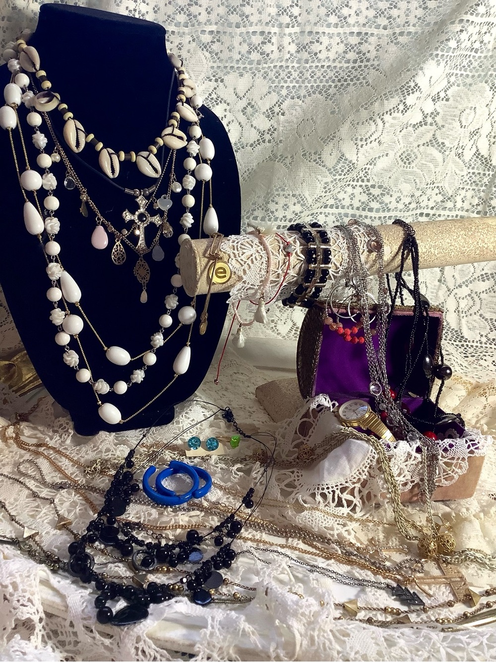 Layered White Shell & Bead Multi-Strand Necklace for Women